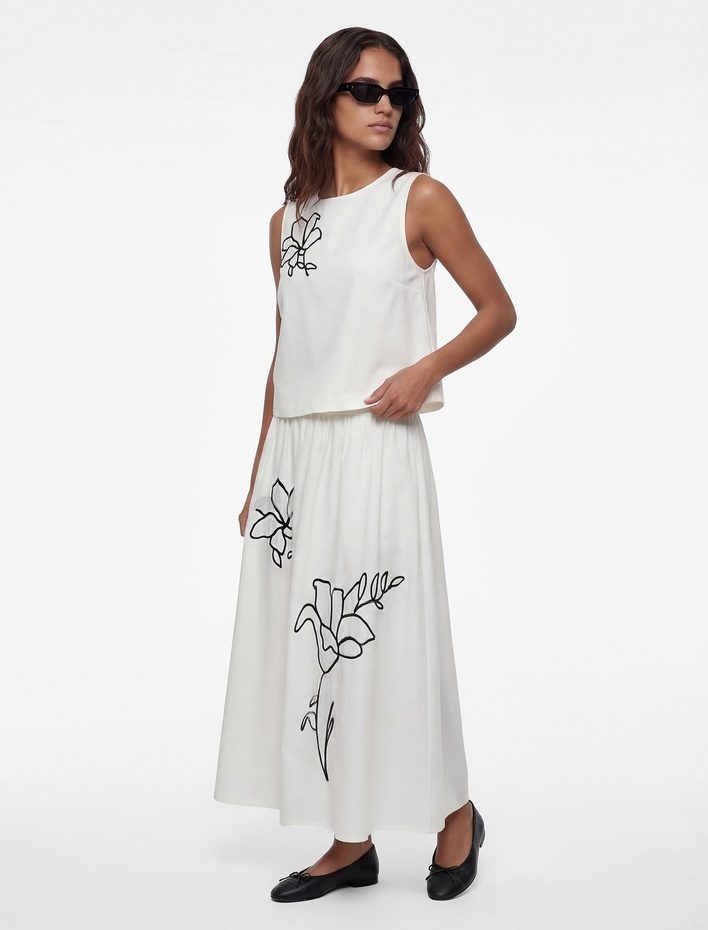  Keten Karışımlı Cepli Midi Çiçekli Kloş Etek