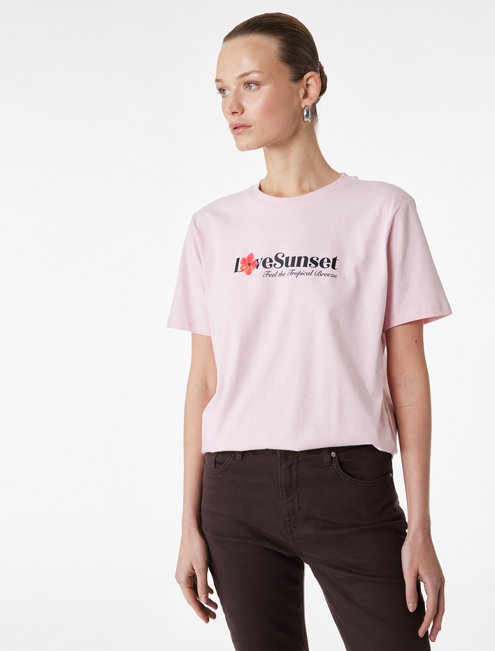  Pamuklu Kısa Kollu Bisiklet Yaka Çiçek Baskılı Tişört