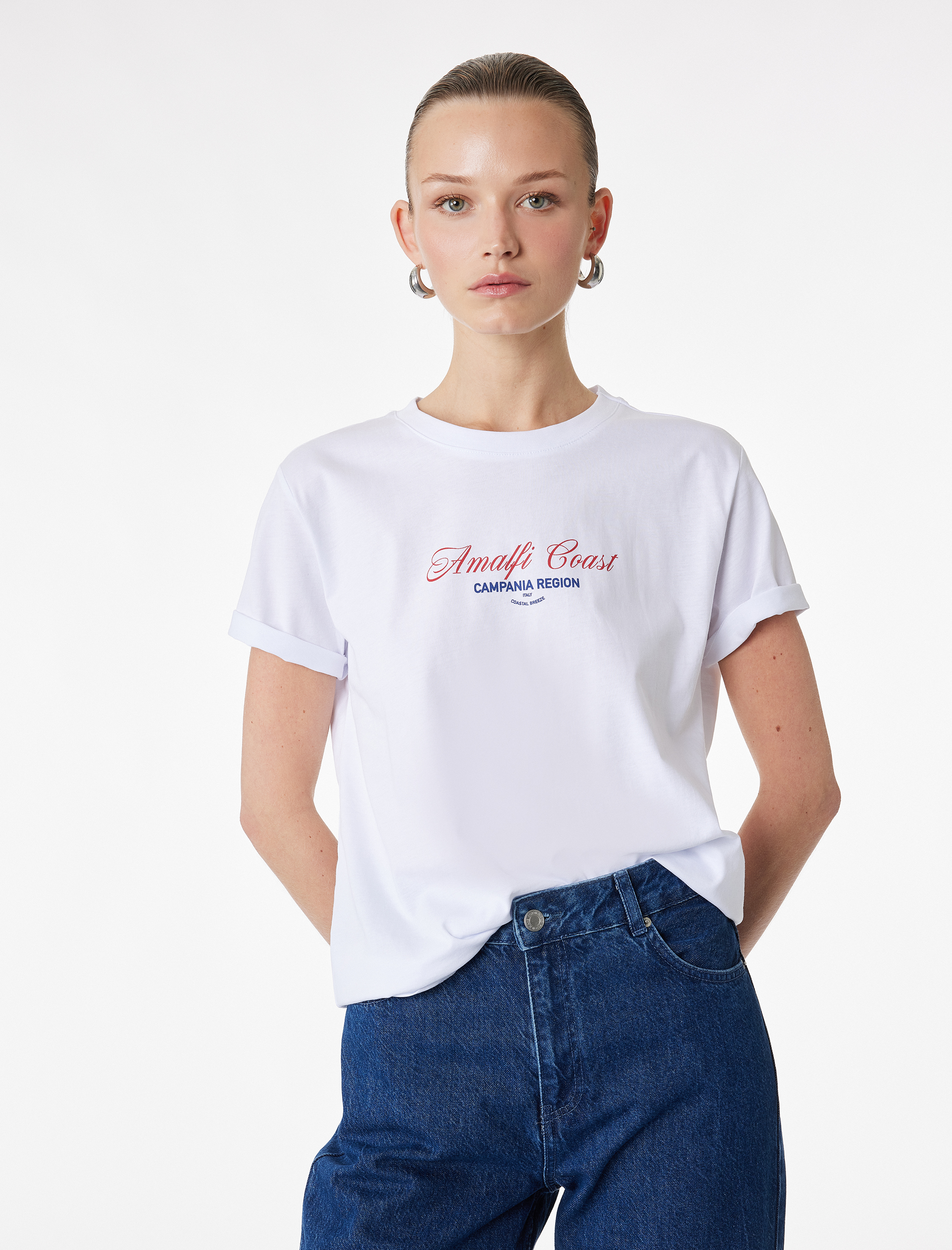   Pamuklu Kısa Kollu Bisiklet Yaka Baskılı Tişört