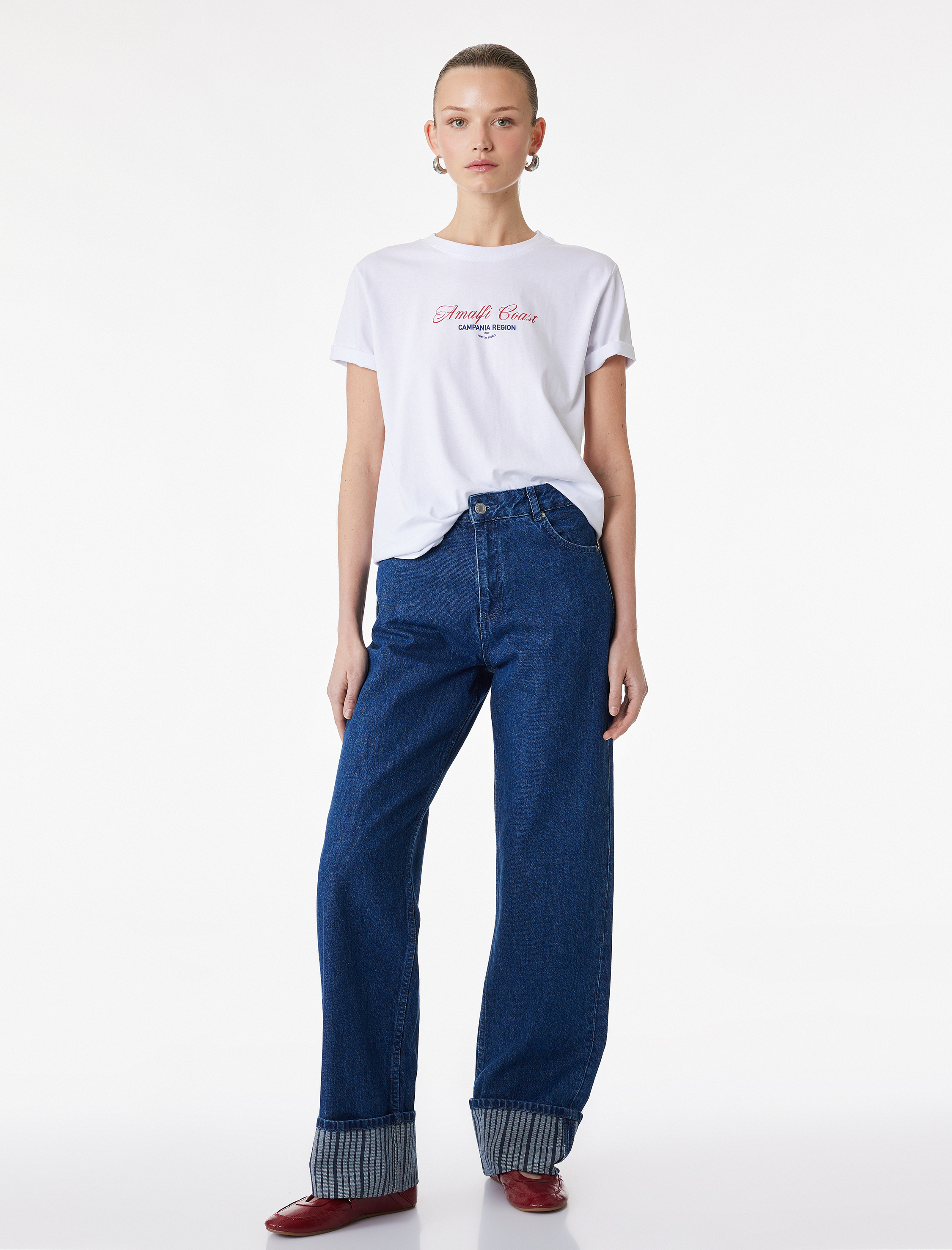   Pamuklu Kısa Kollu Bisiklet Yaka Baskılı Tişört