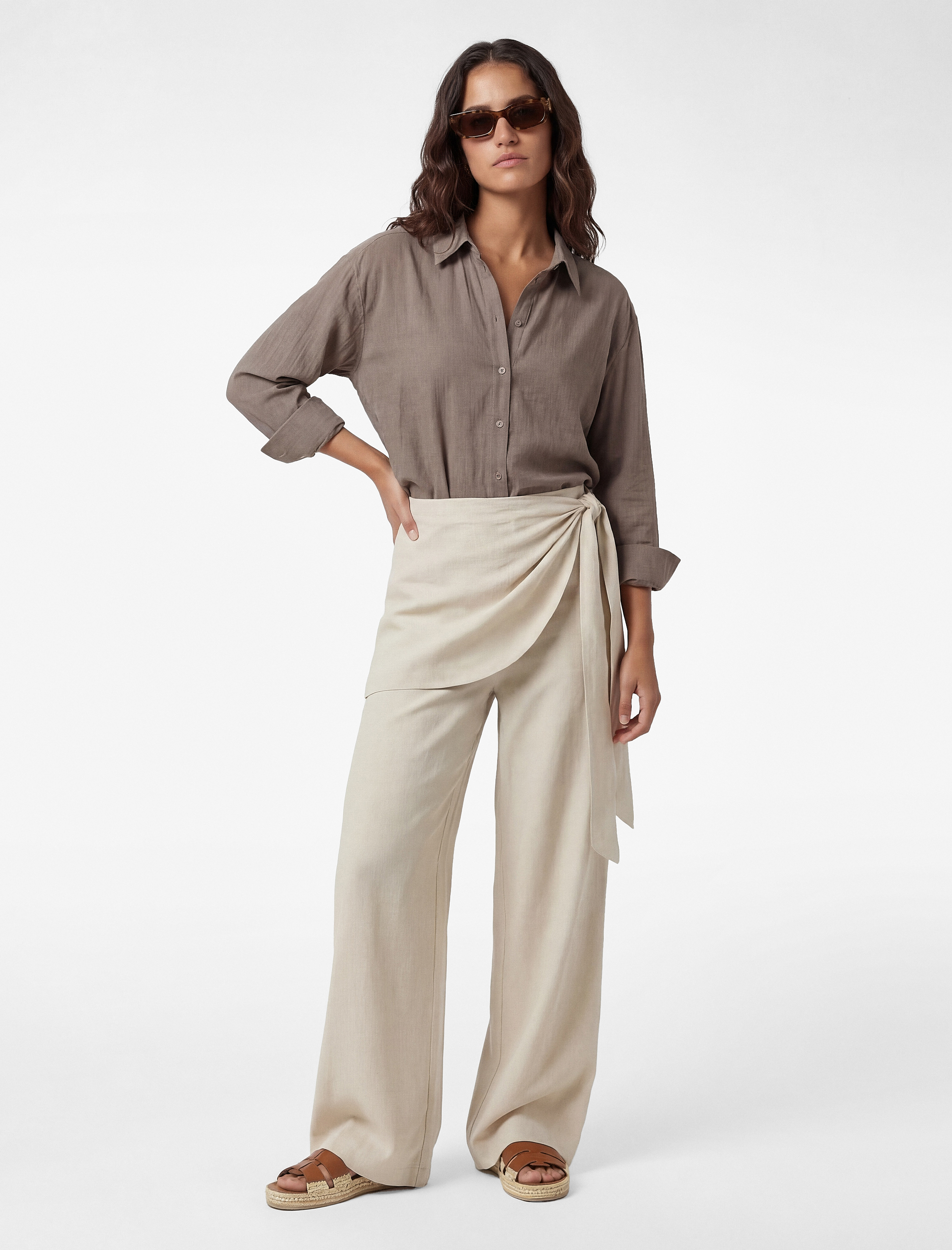   Keten Karışımlı Rahat Kalıp Bağlamalı Geniş Paça Etek Pantolon