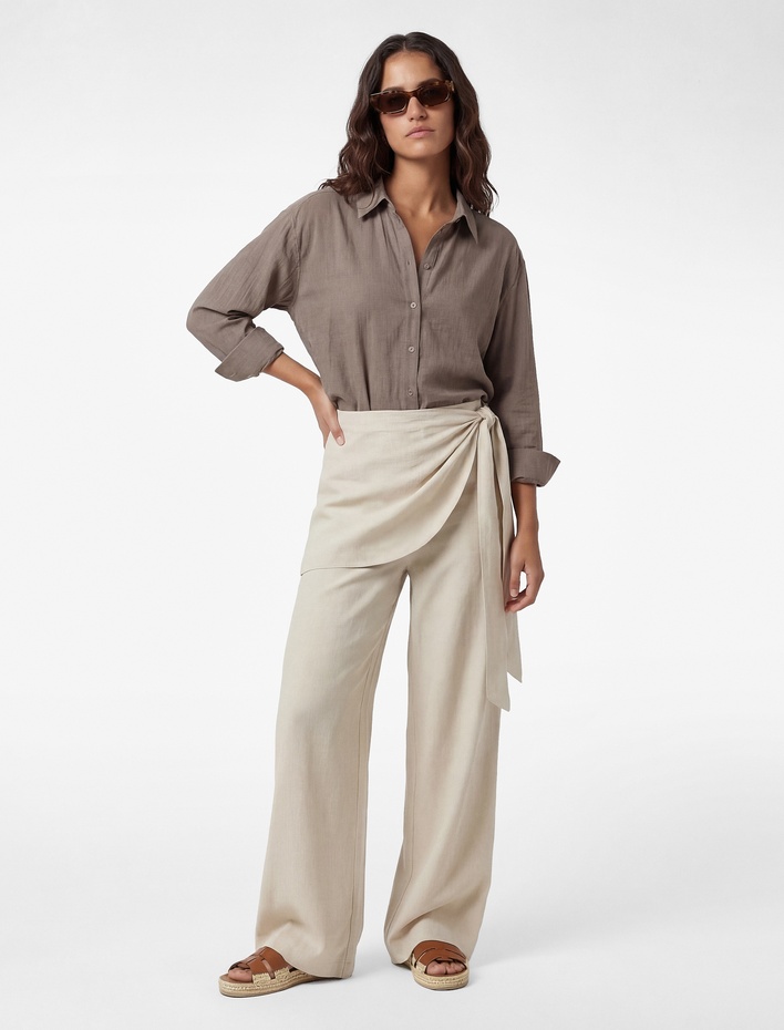  Keten Karışımlı Rahat Kalıp Bağlamalı Geniş Paça Etek Pantolon