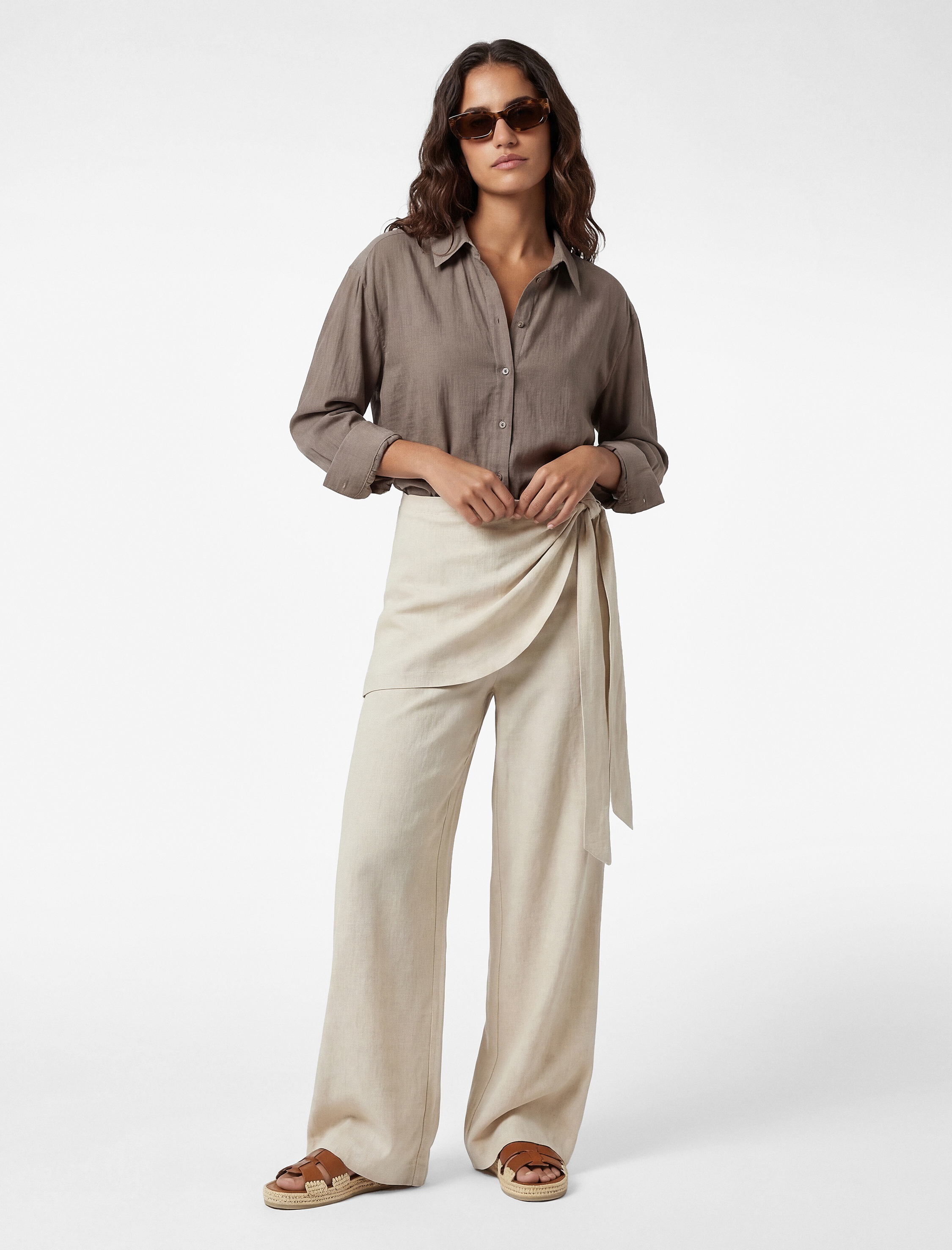   Keten Karışımlı Rahat Kalıp Bağlamalı Geniş Paça Etek Pantolon