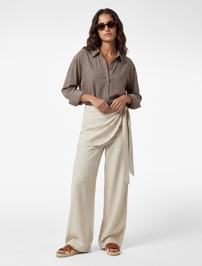  Keten Karışımlı Rahat Kalıp Bağlamalı Geniş Paça Etek Pantolon