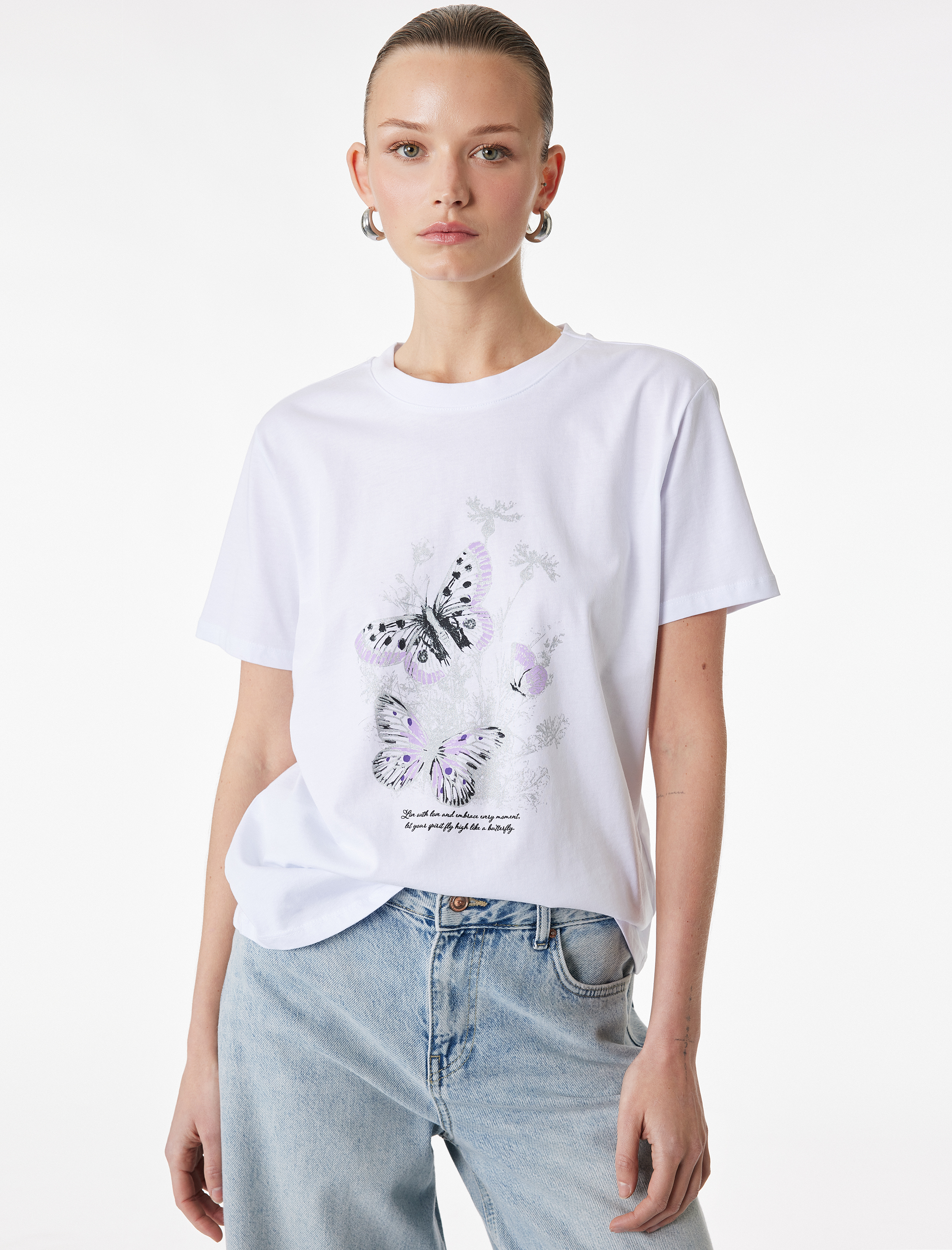   Pamuklu Kısa Kollu Bisiklet Yaka Kelebek Baskılı Tişört