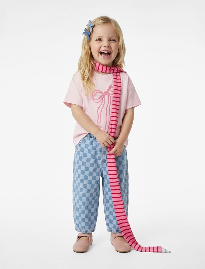 Kız Bebek Pamuklu Fiyonklu Nakış Detaylı Bisiklet Yaka Kısa Kollu Tişört