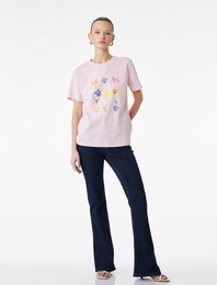 Pamuklu Bisiklet Yaka Kısa Kollu Lale Baskılı Tişört