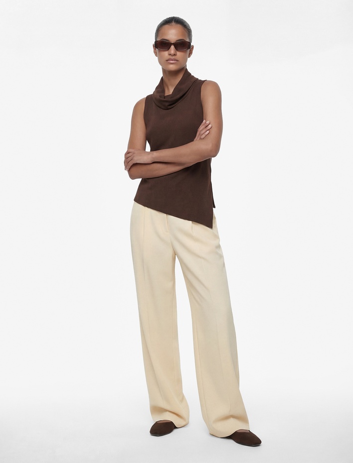  Pile Detaylı Cepli Yüksek Bel Geniş Paça Palazzo Pantolon