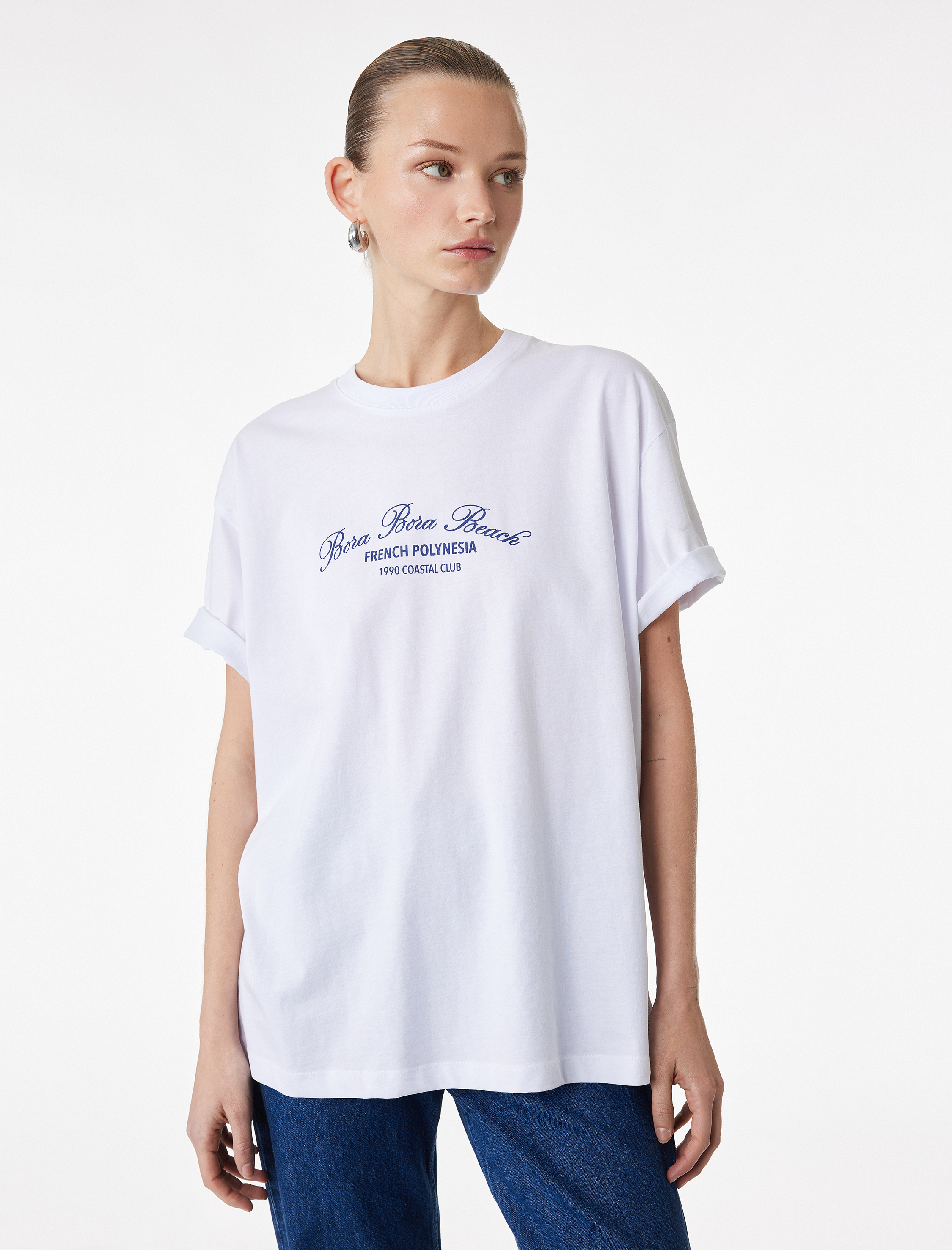   Kısa Kollu Bisiklet Yaka Baskılı Pamuklu Oversize Tişört