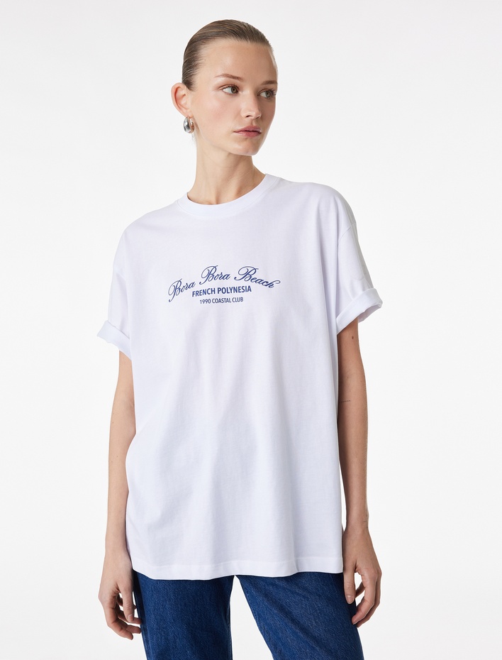  Kısa Kollu Bisiklet Yaka Baskılı Pamuklu Oversize Tişört