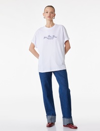 Kısa Kollu Bisiklet Yaka Baskılı Pamuklu Oversize Tişört