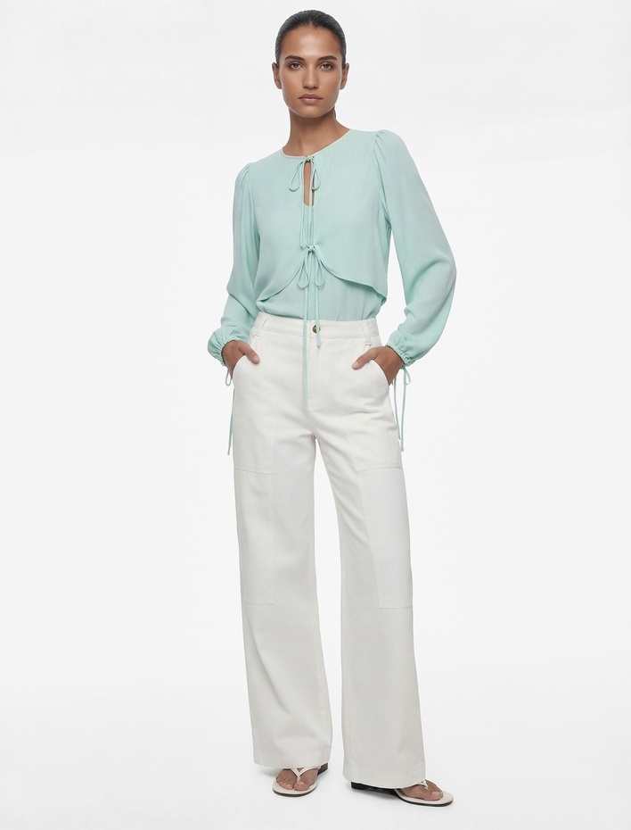  Uzun Kollu Bağcıklı Yuvarlak Yaka Şifon Bluz