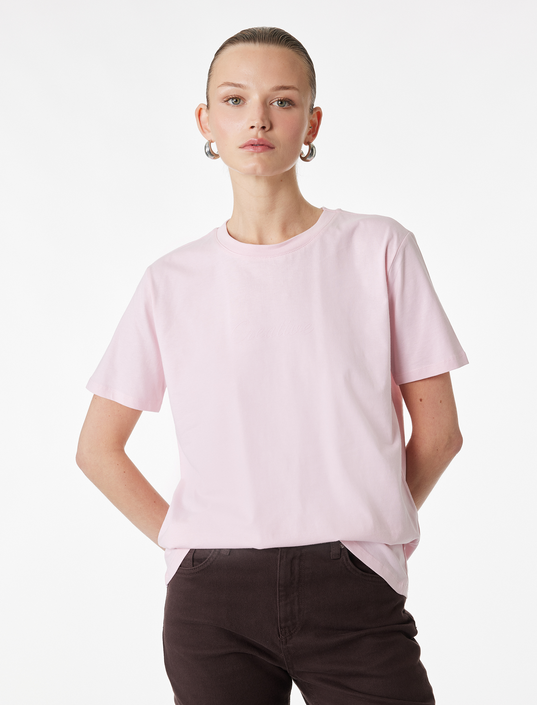   Pamuklu Kısa Kollu Bisiklet Yaka Basic Tişört