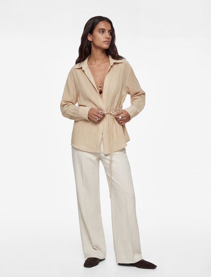  Viskon Uzun Kollu Yandan Bağlama Detaylı Kruvaze Gömlek