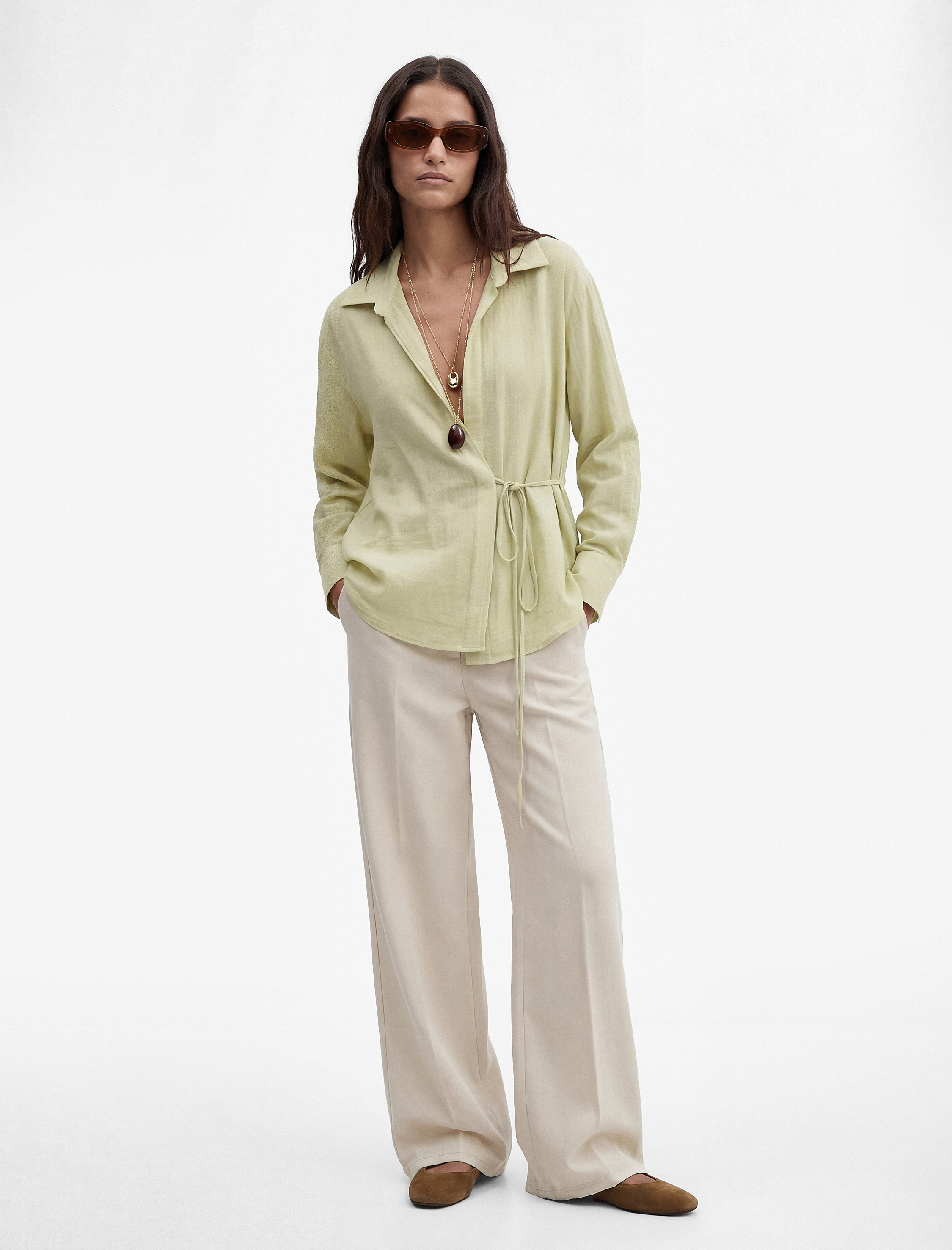   Viskon Uzun Kollu Yandan Bağlama Detaylı Kruvaze Gömlek