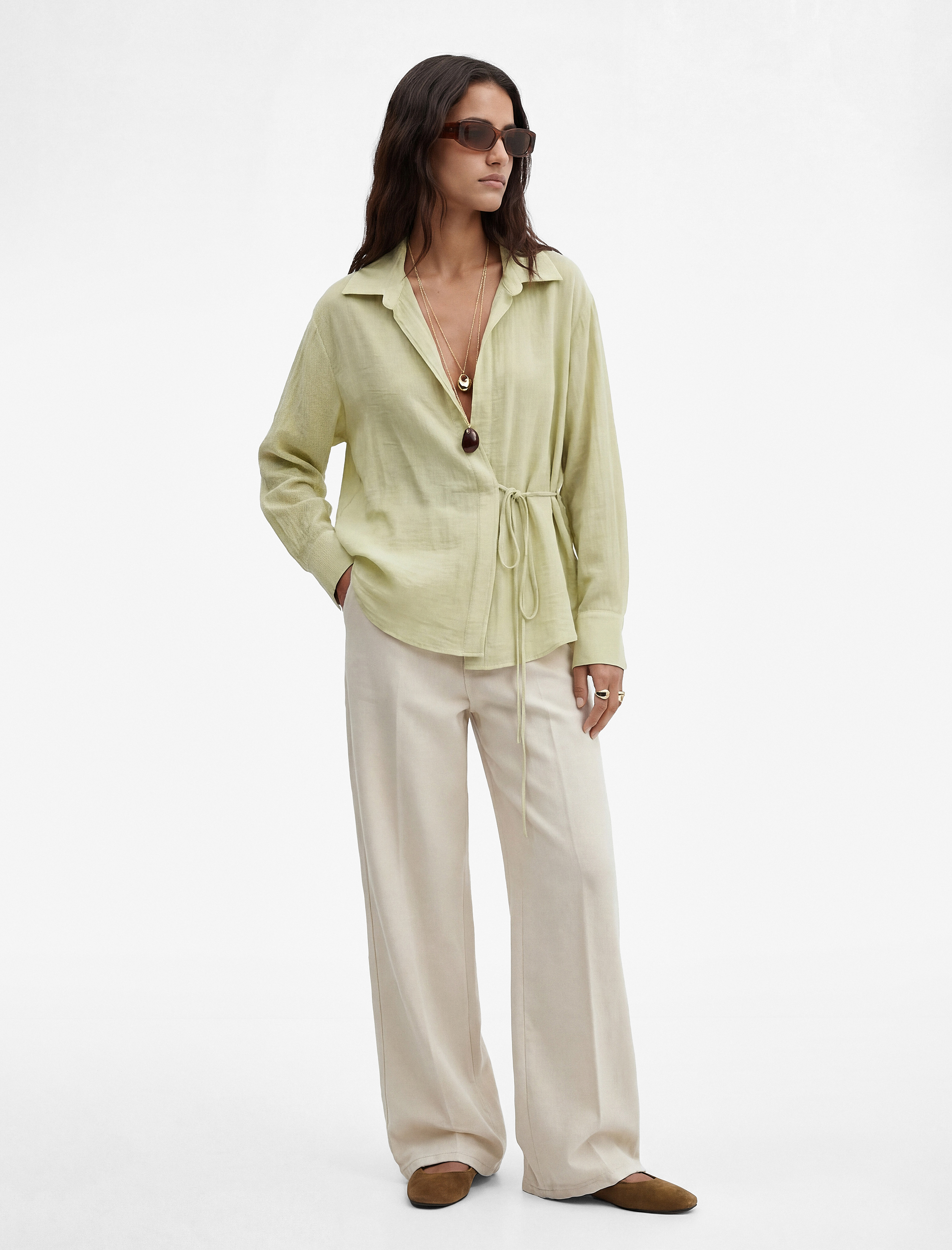   Viskon Uzun Kollu Yandan Bağlama Detaylı Kruvaze Gömlek