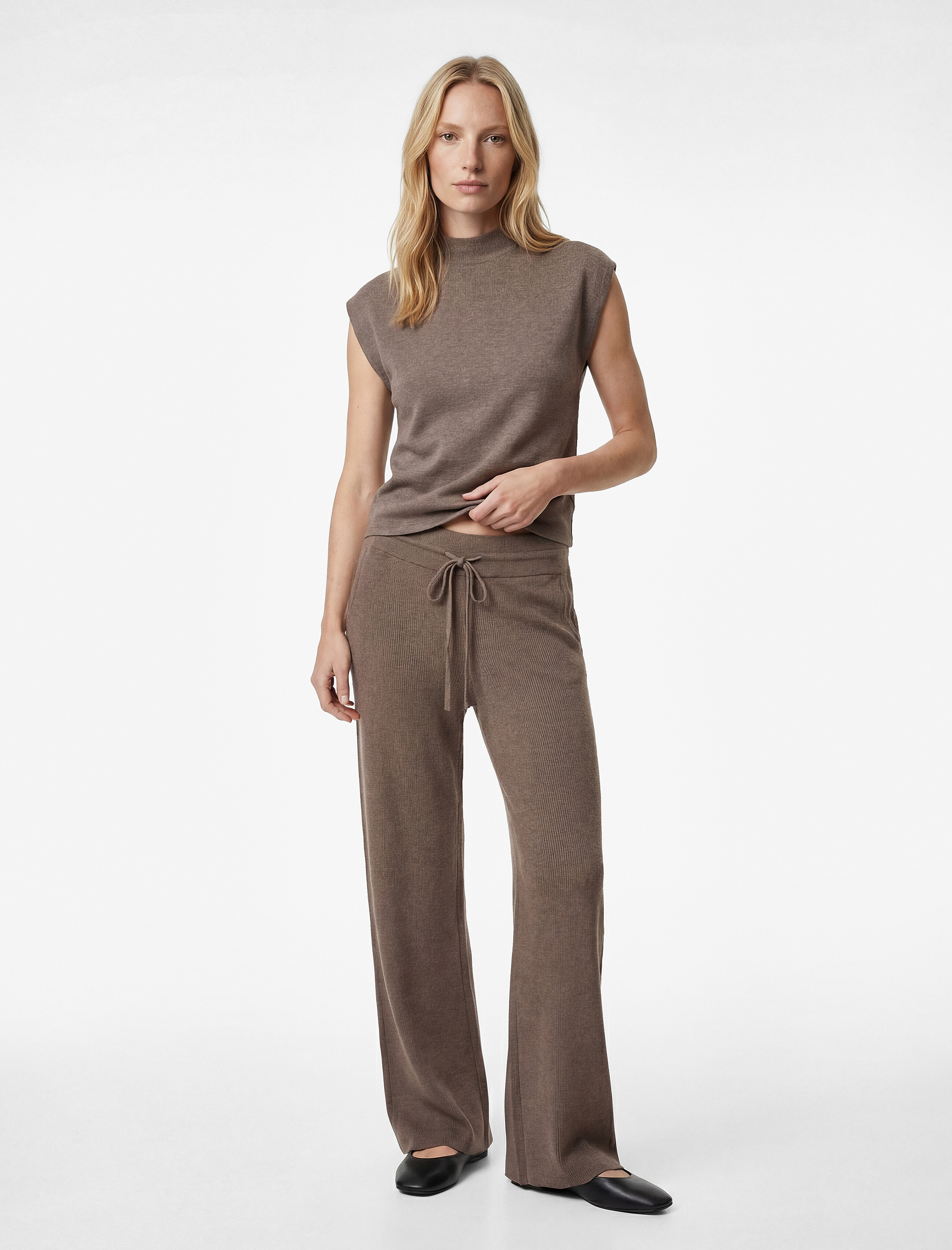   Beli Bağcıklı Cepli Yüksek Bel Triko Pantolon