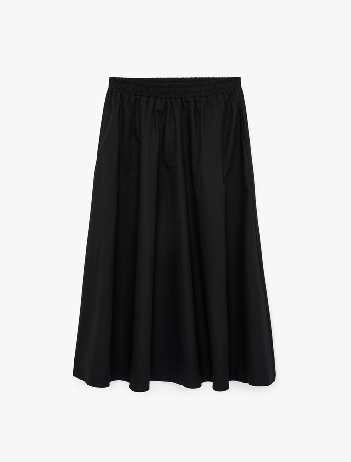  Pamuklu Beli Lastikli Çan Kesim Poplin Midi Etek