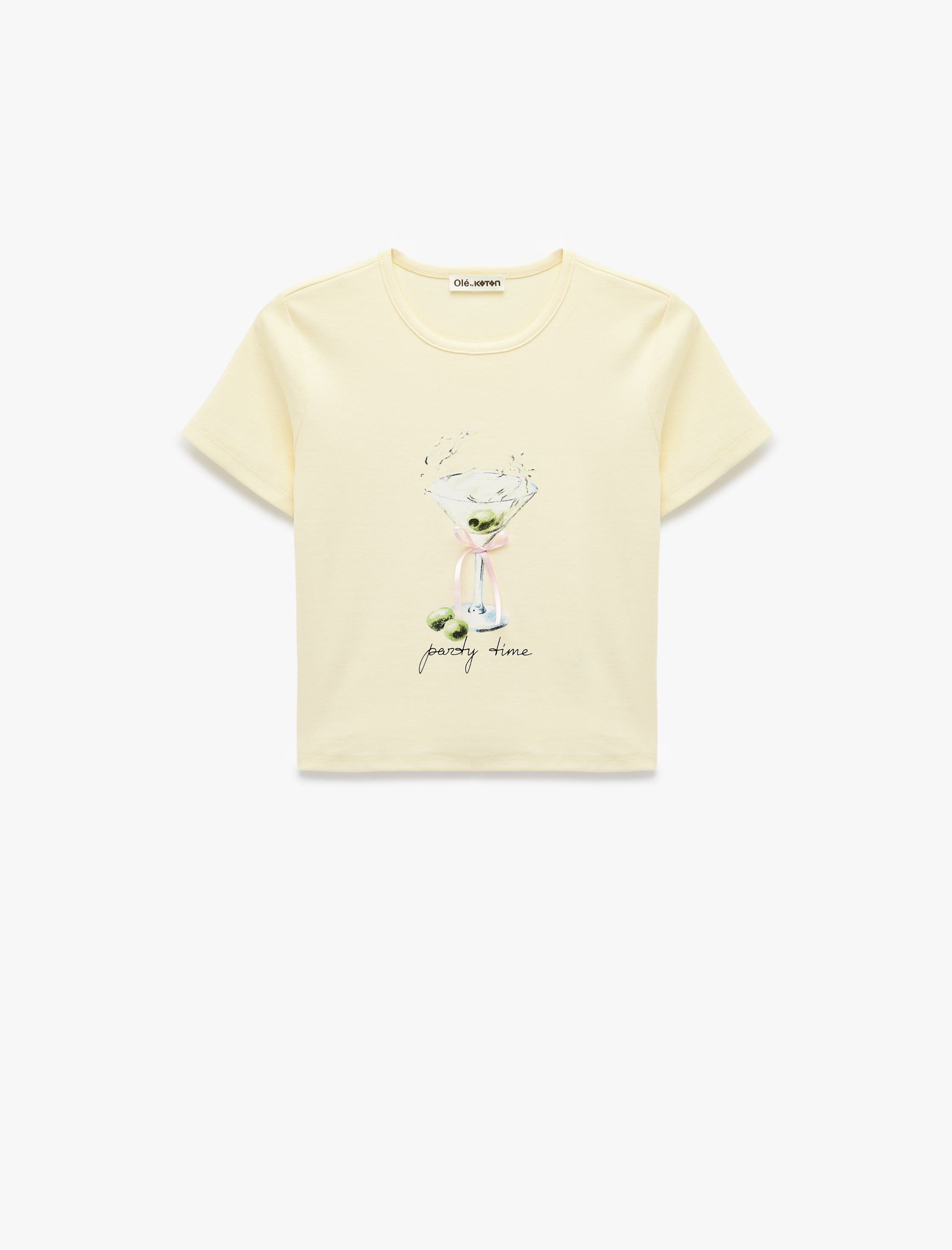   Slim Fit Kısa Kollu Bisiklet Yaka Baskılı Fiyonklu Tişört