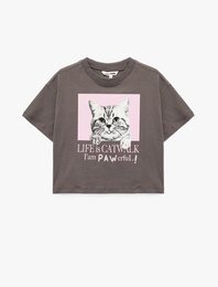 Kısa Kollu Bisiklet Yaka Pamuklu Kedi Baskılı Tişört