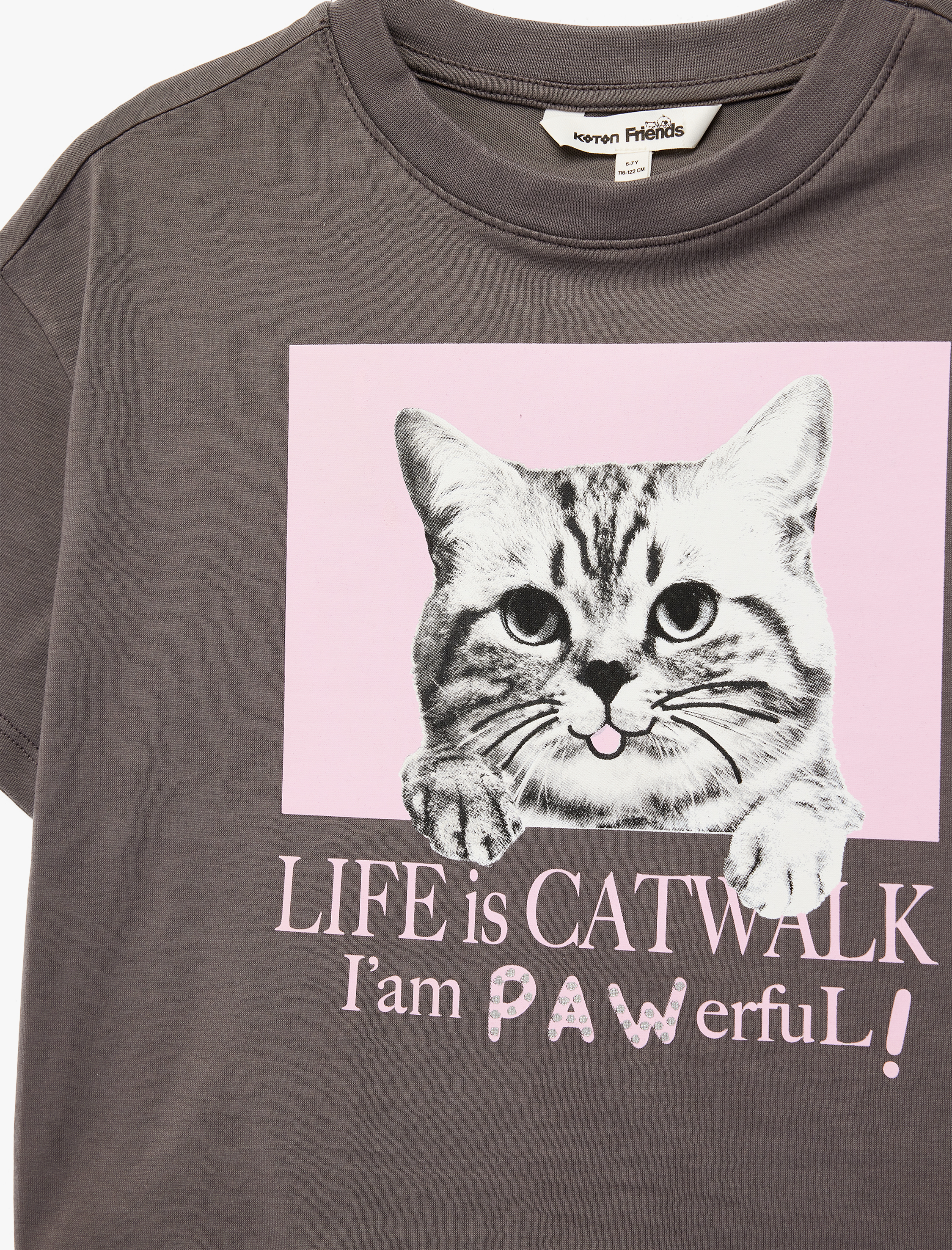  Kız Çocuk Kısa Kollu Bisiklet Yaka Pamuklu Kedi Baskılı Tişört