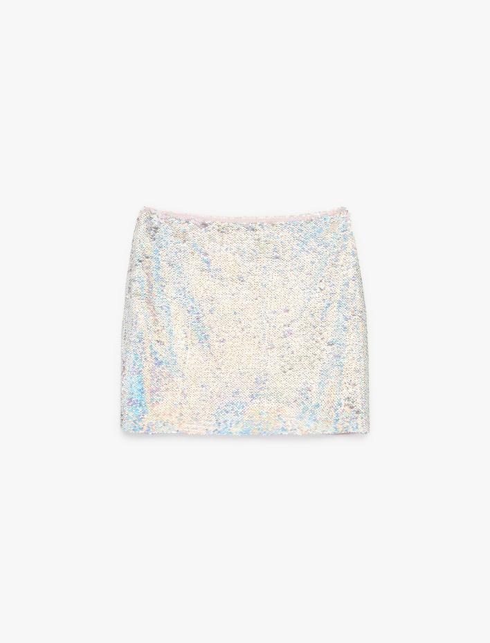  Pullu Payetli Slim Fit A Kesim Mini Abiye Etek