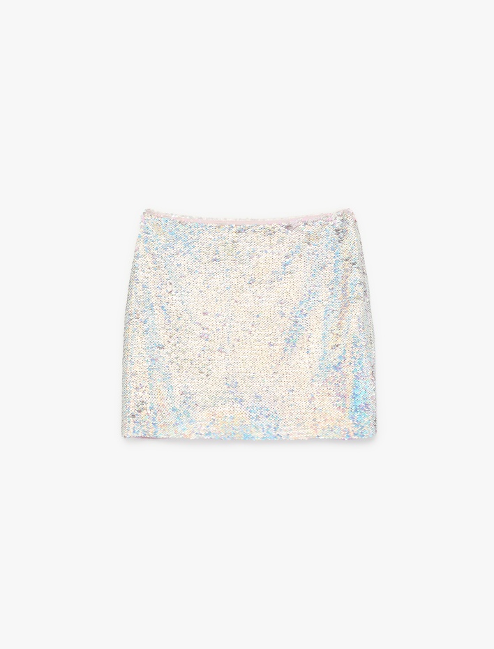  Pullu Payetli Slim Fit A Kesim Mini Abiye Etek