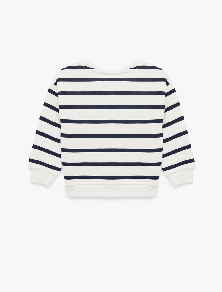 Erkek Bebek Uzun Kollu Bisiklet Yaka Aplikeli Çizgili Sweatshirt