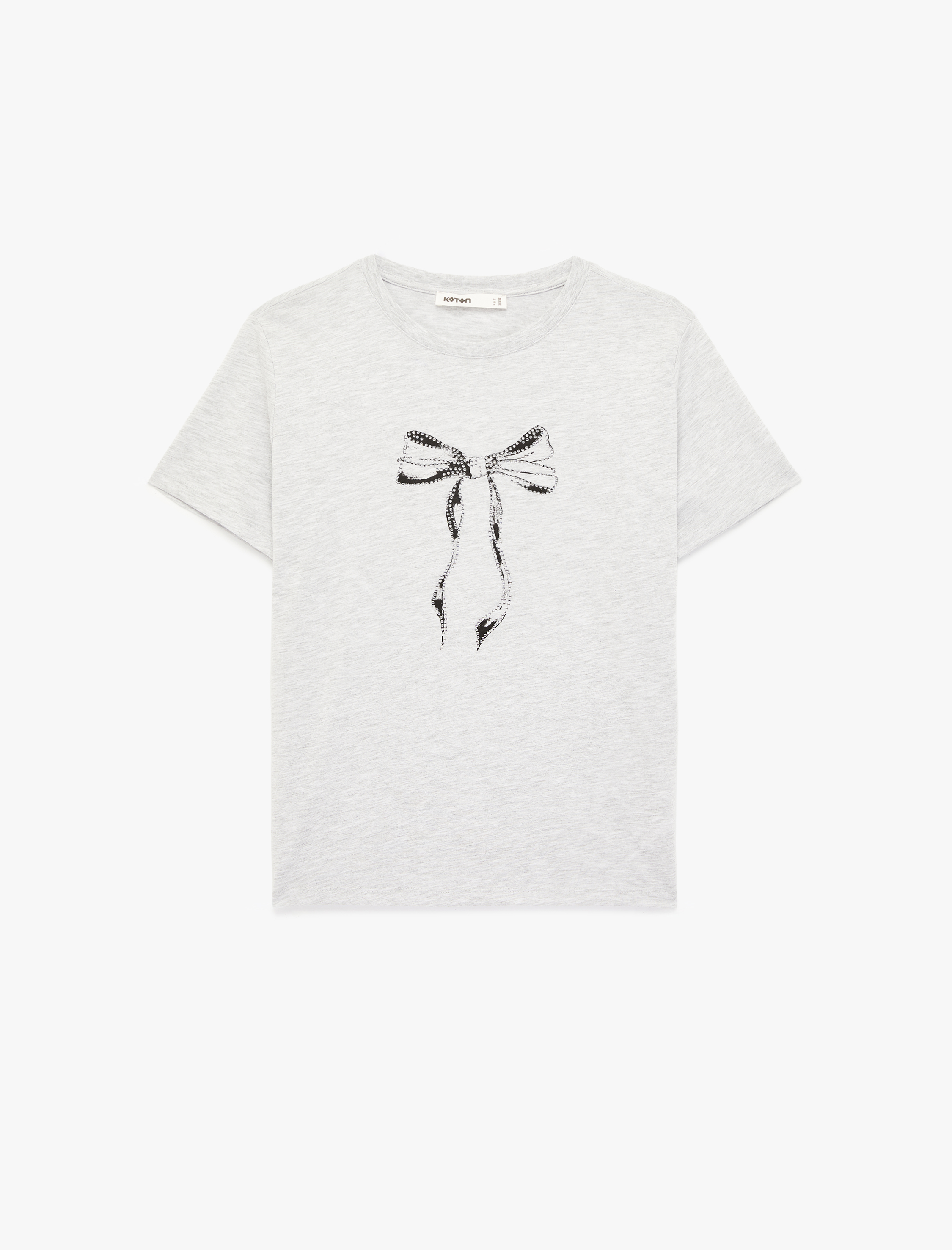   Kısa Kollu Bisiklet Yaka Taşlı Fiyonk Baskılı Tişört