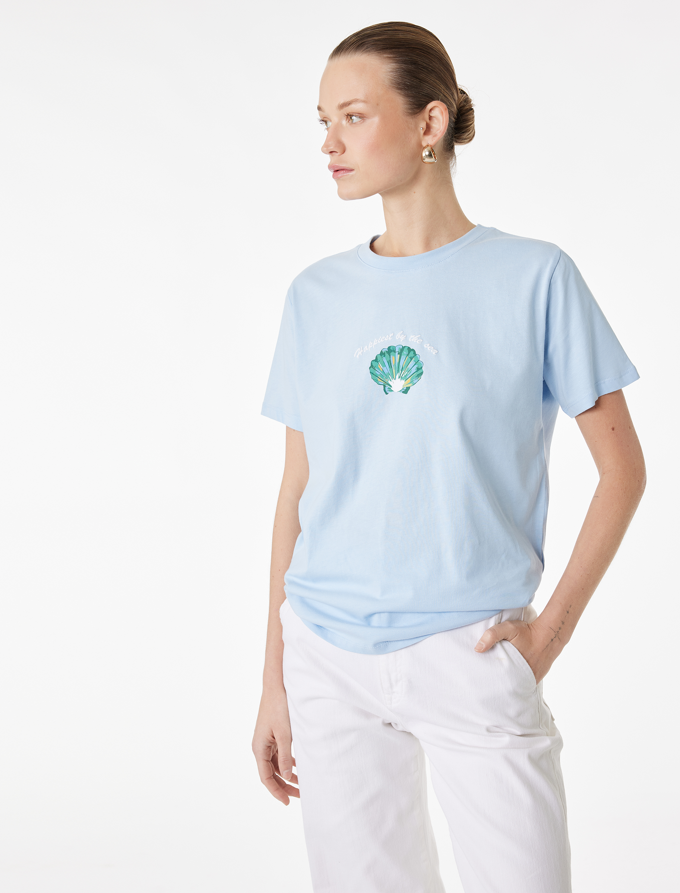   Regular Fit Kısa Kollu Bisiklet Yaka Pamuklu Deniz Kabuğu Baskılı Tişört