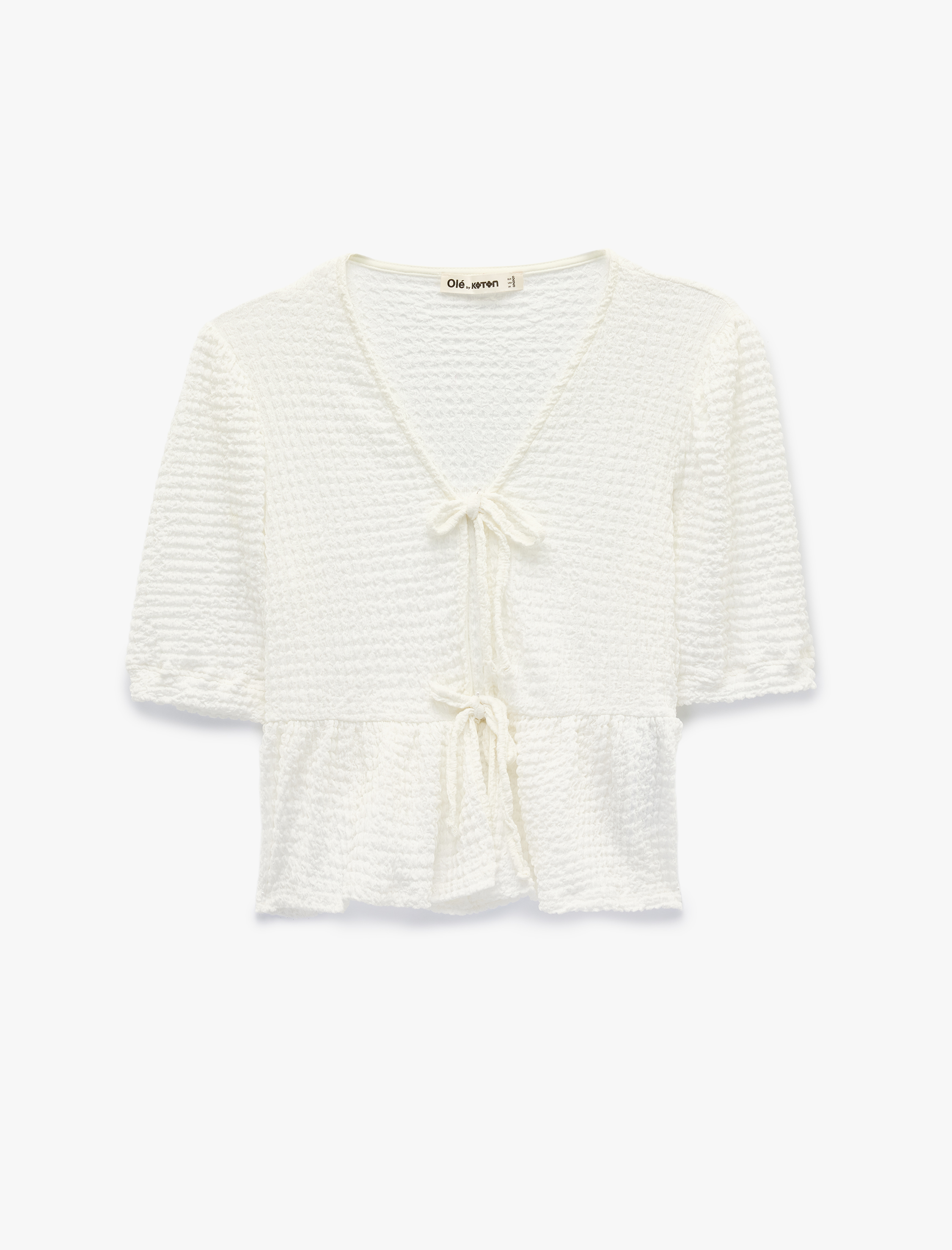   Volanlı Kısa Kollu Bürümcük Bağcık Detaylı V Yaka Tişört