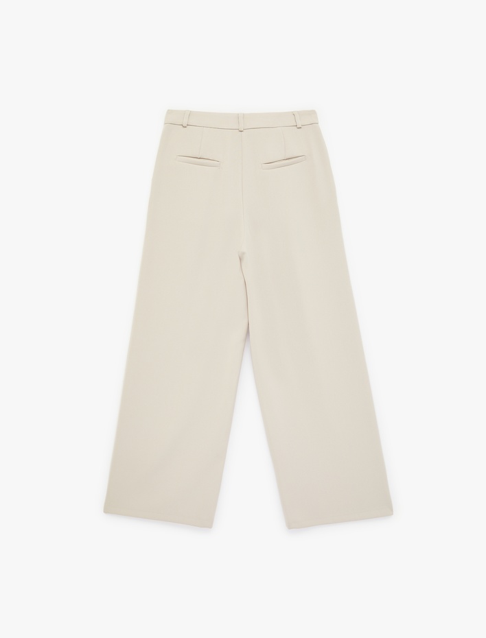  Krep Kumaş Cepli Pileli Düz Geniş Paça Kumaş Pantolon