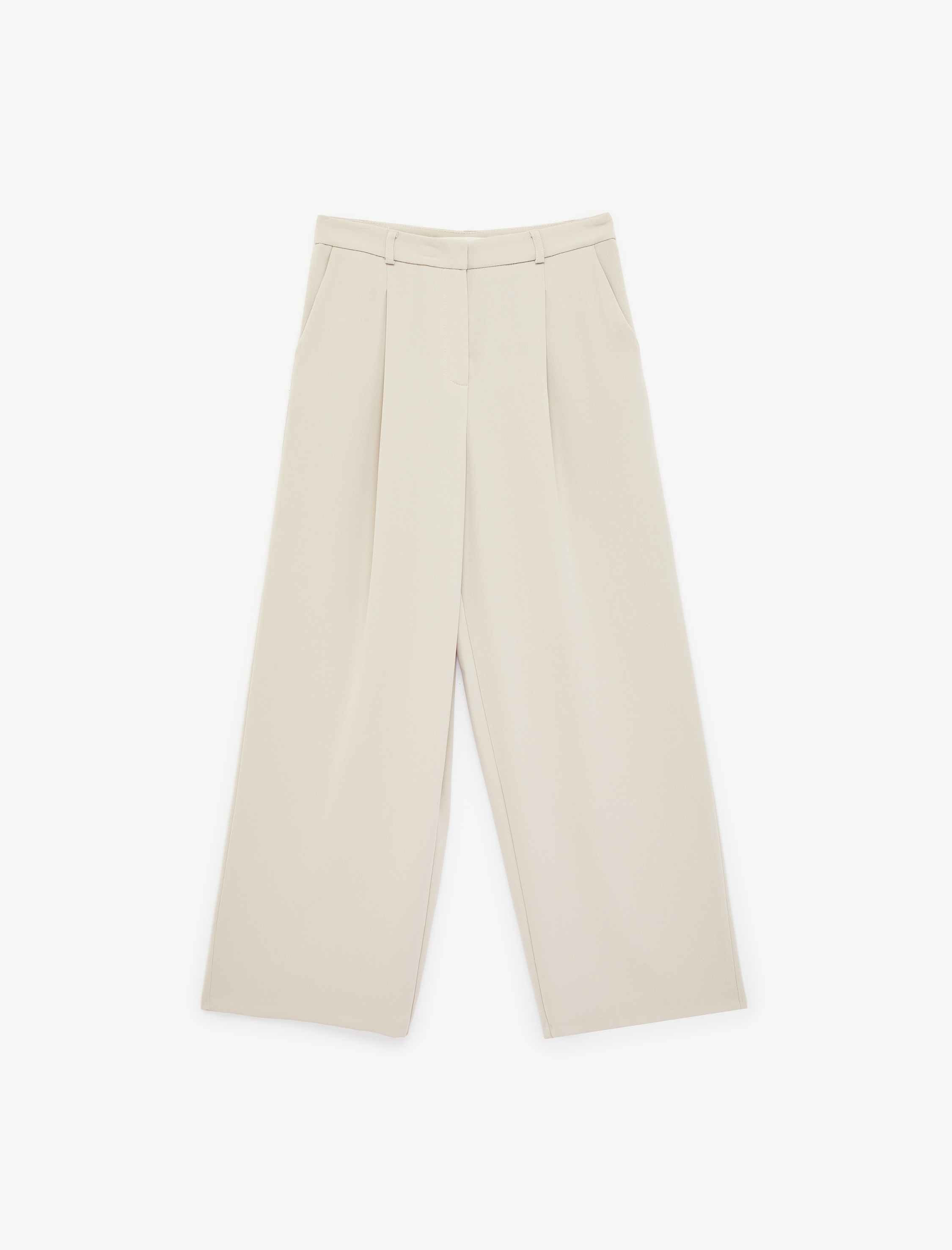   Krep Kumaş Cepli Pileli Düz Geniş Paça Kumaş Pantolon