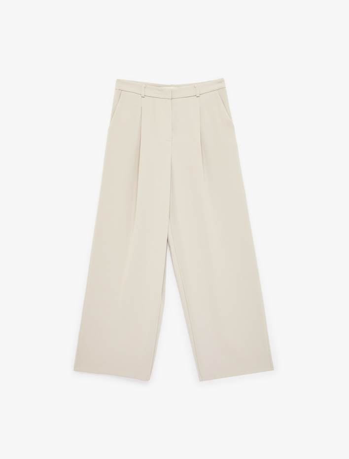  Krep Kumaş Cepli Pileli Düz Geniş Paça Kumaş Pantolon