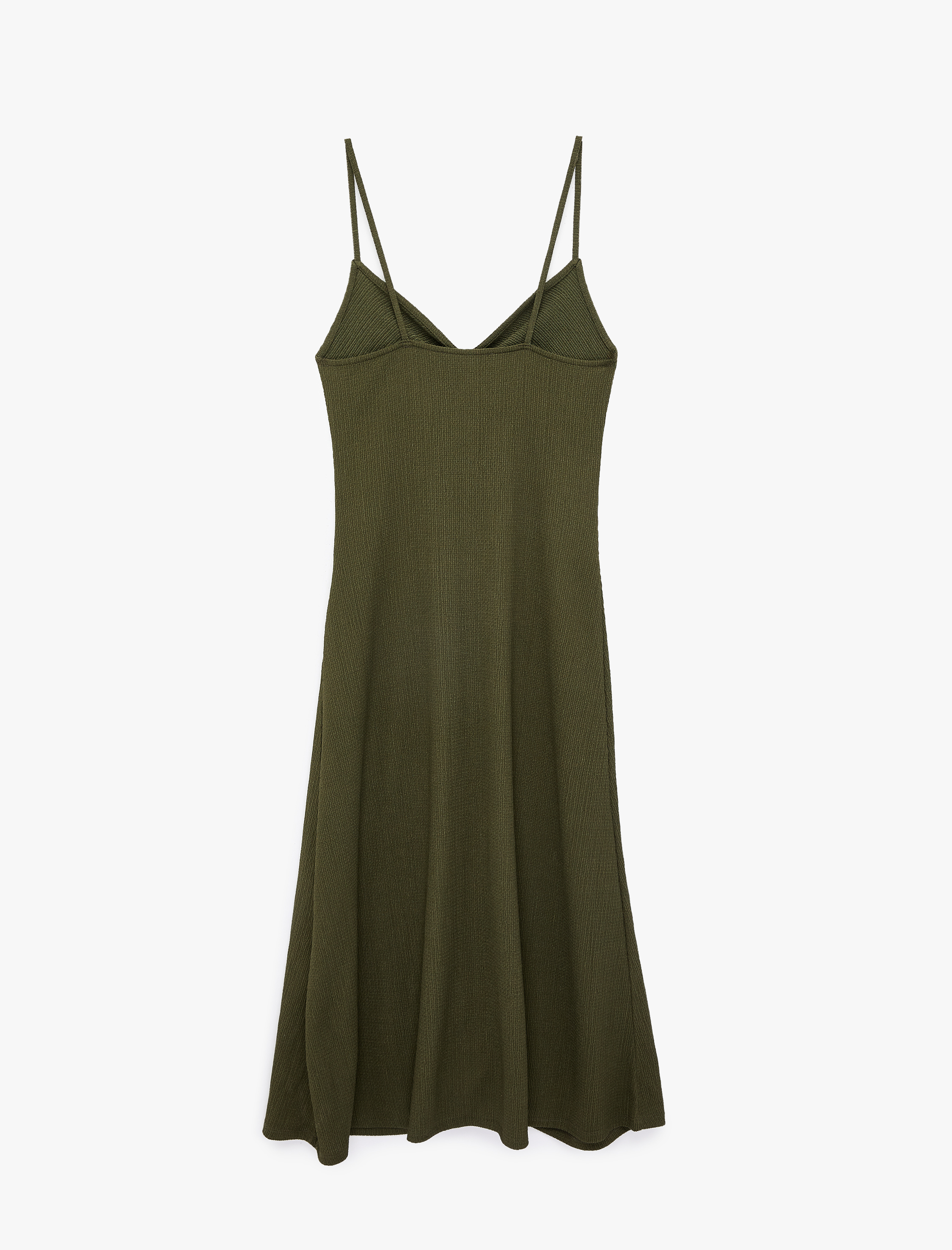   Bürümcük Kumaş Rahat Kalıp Büzgü Detaylı İp Askılı Midi Boy Elbise