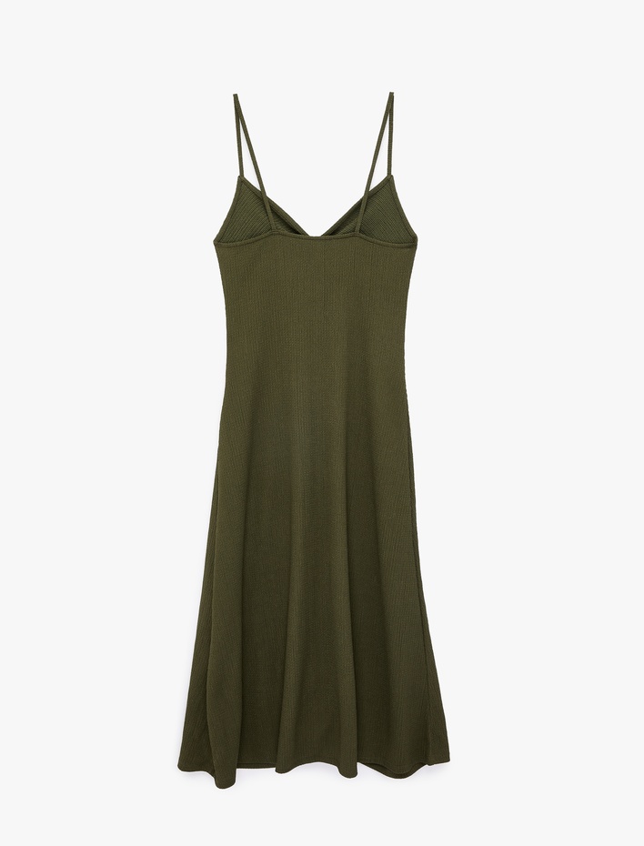  Bürümcük Kumaş Rahat Kalıp Büzgü Detaylı İp Askılı Midi Boy Elbise