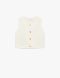 Bisiklet Yaka Gold Düğmeli Floral Dokulu Yelek