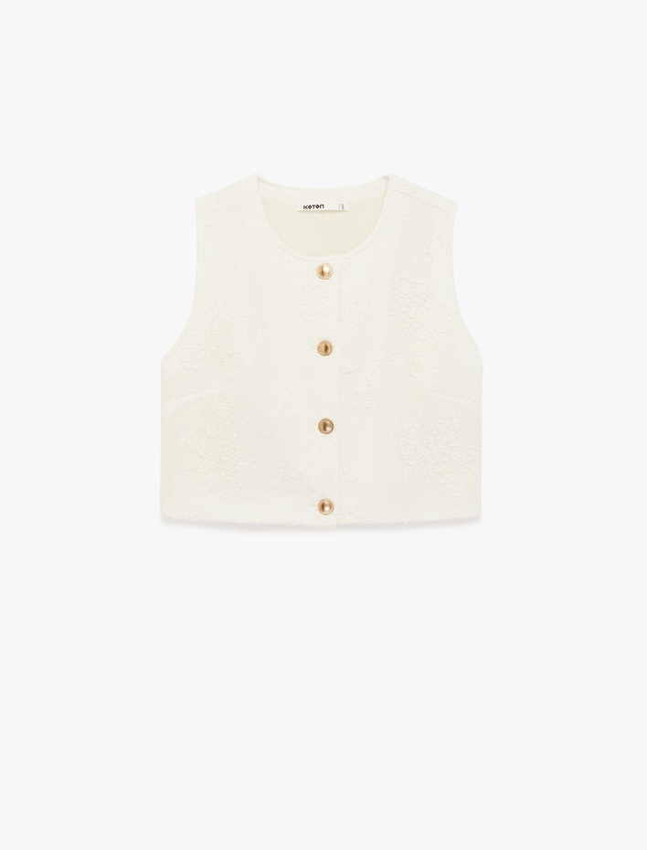  Bisiklet Yaka Gold Düğmeli Floral Dokulu Yelek