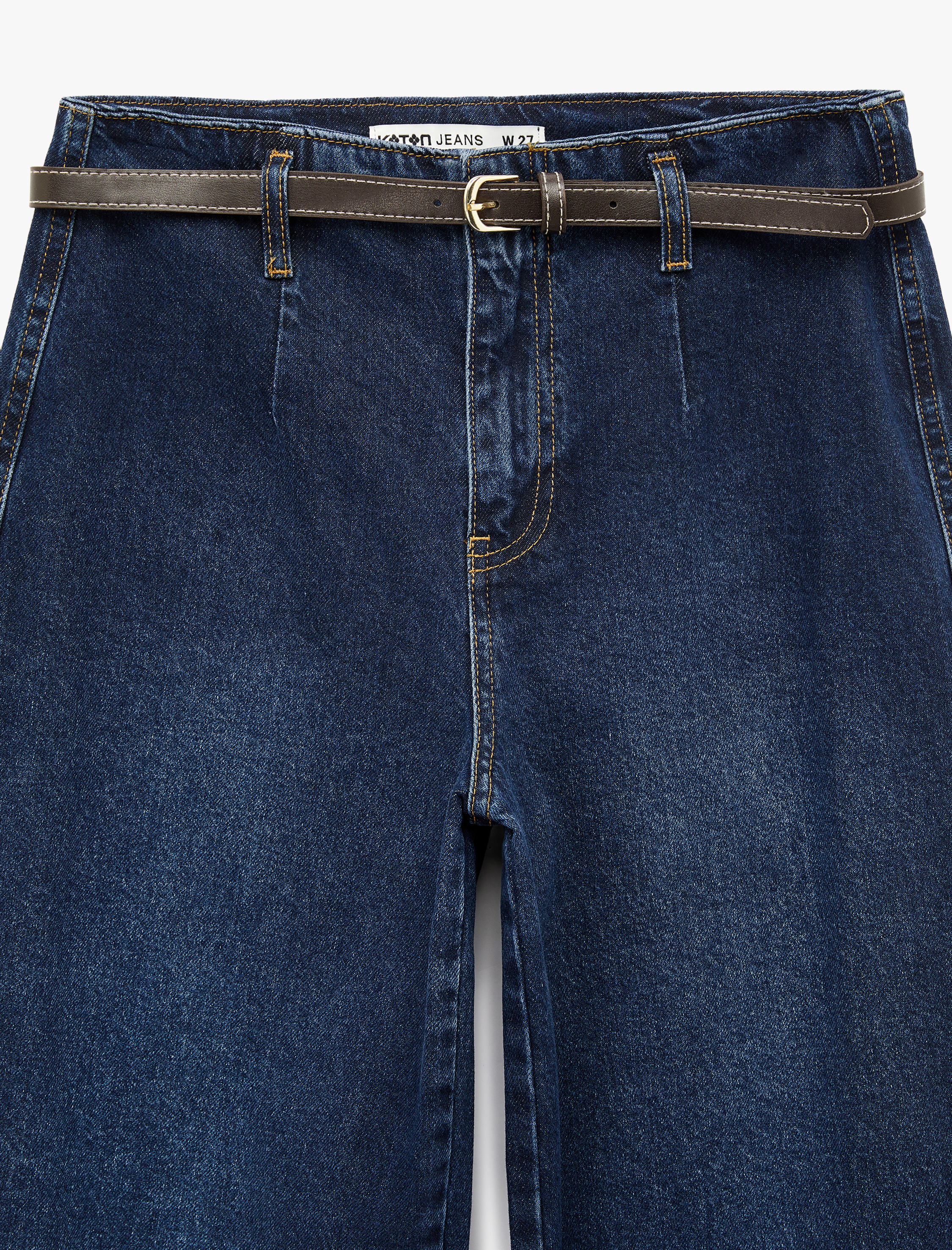   Yüksek Bel Pamuklu Kemerli Kısa Geniş Paça Denim Pantolon - Wide Leg Jean