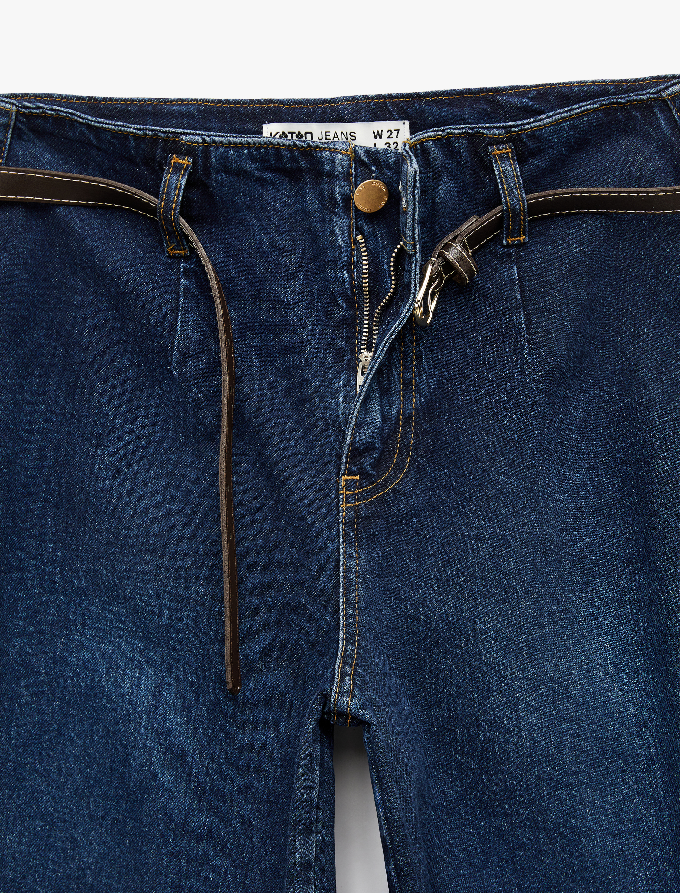   Yüksek Bel Pamuklu Kemerli Kısa Geniş Paça Denim Pantolon - Wide Leg Jean