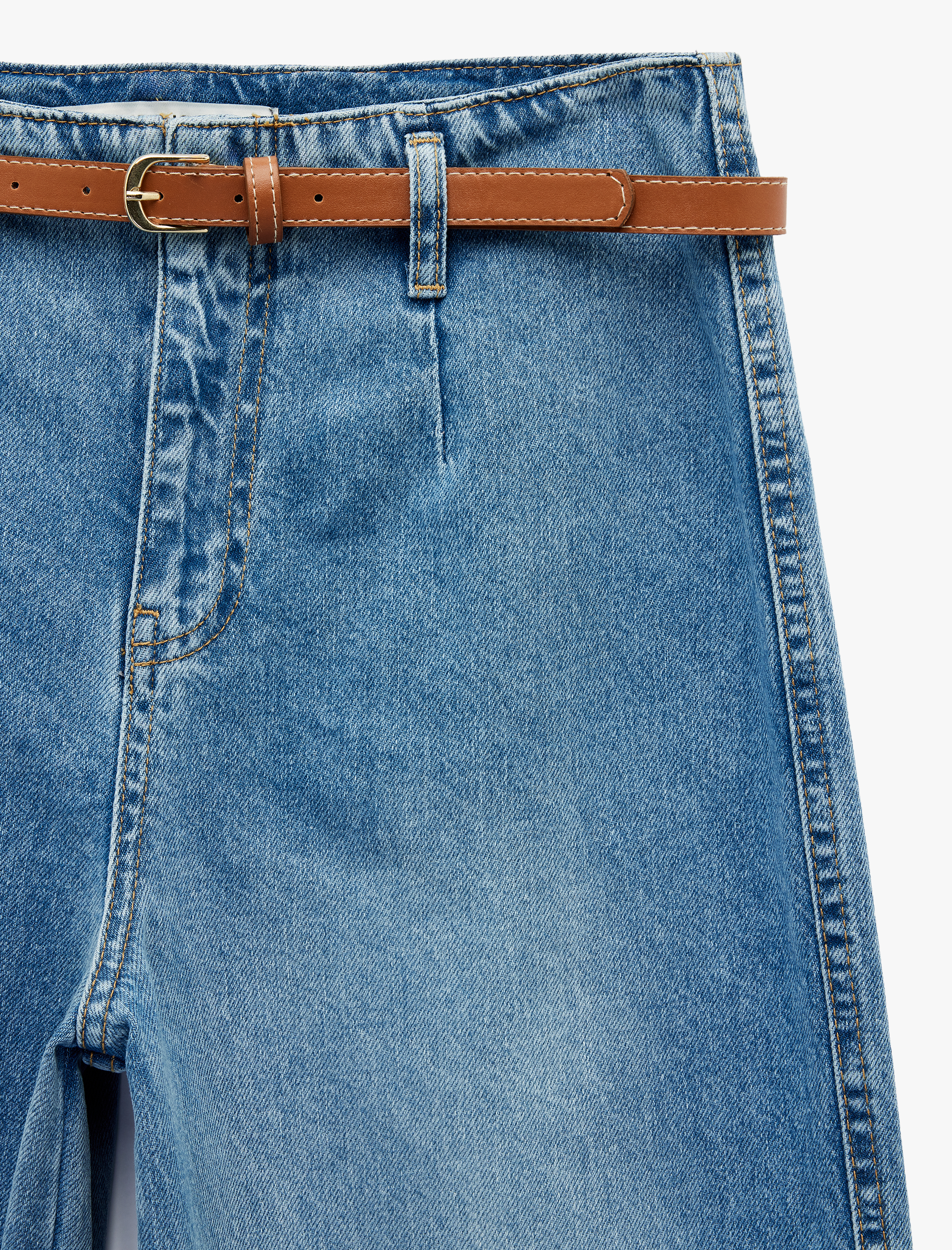   Yüksek Bel Pamuklu Kemerli Kısa Geniş Paça Denim Pantolon - Wide Leg Jean