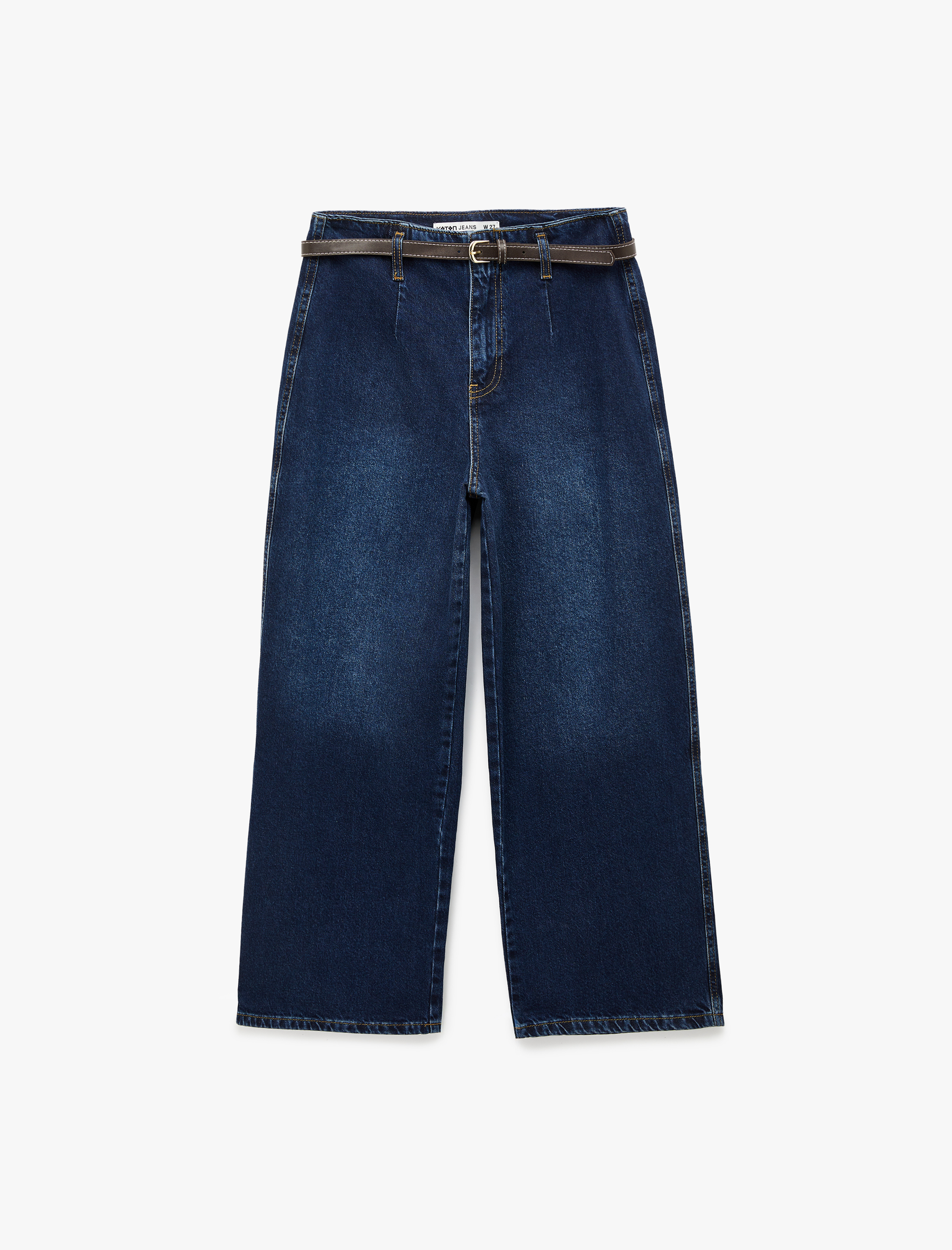   Yüksek Bel Pamuklu Kemerli Kısa Geniş Paça Denim Pantolon - Wide Leg Jean