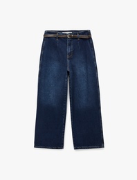 Yüksek Bel Pamuklu Kemerli Kısa Geniş Paça Denim Pantolon - Wide Leg Jean