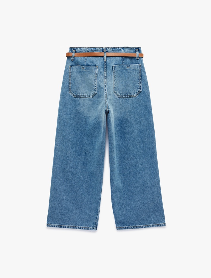  Yüksek Bel Pamuklu Kemerli Kısa Geniş Paça Denim Pantolon - Wide Leg Jean