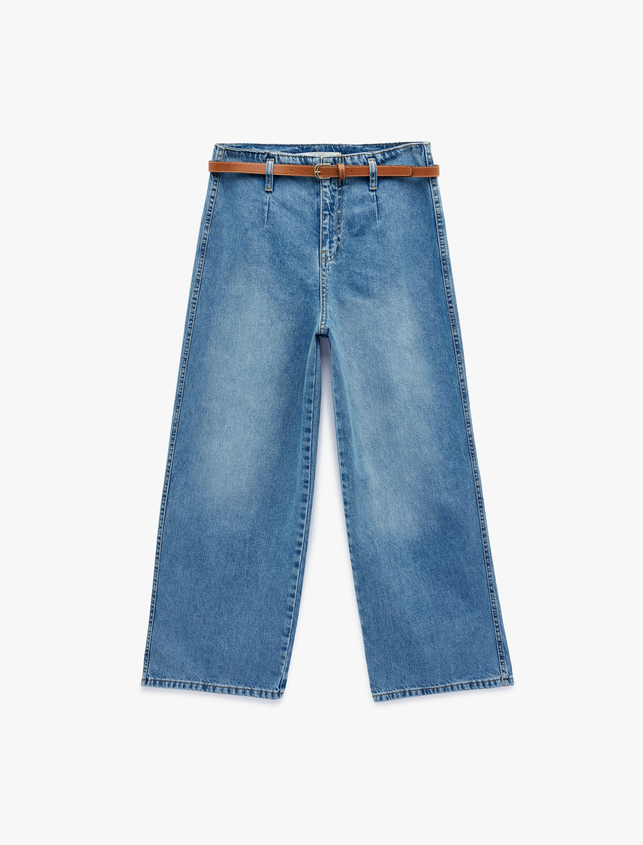   Yüksek Bel Pamuklu Kemerli Kısa Geniş Paça Denim Pantolon - Wide Leg Jean