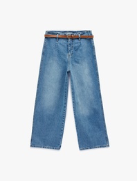 Yüksek Bel Pamuklu Kemerli Kısa Geniş Paça Denim Pantolon - Wide Leg Jean