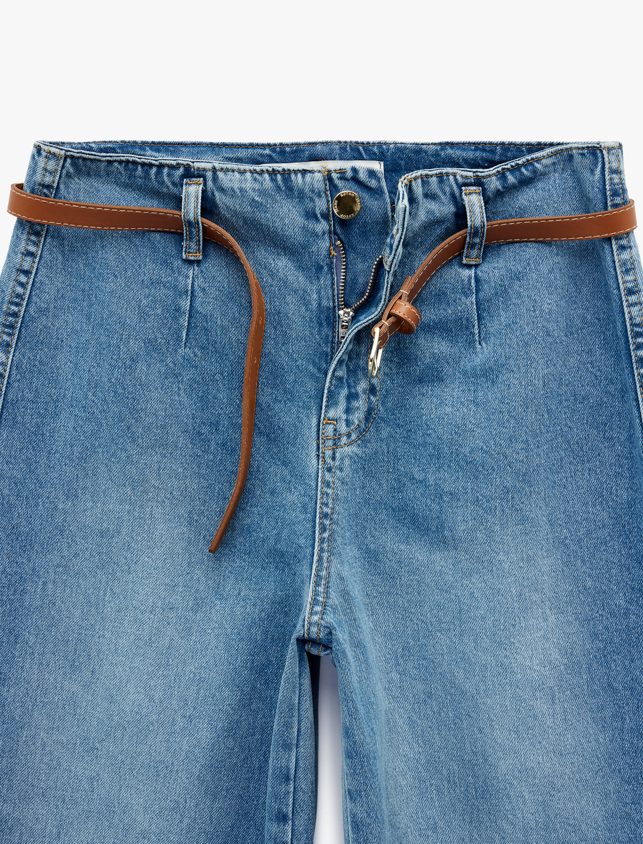   Yüksek Bel Pamuklu Kemerli Kısa Geniş Paça Denim Pantolon - Wide Leg Jean