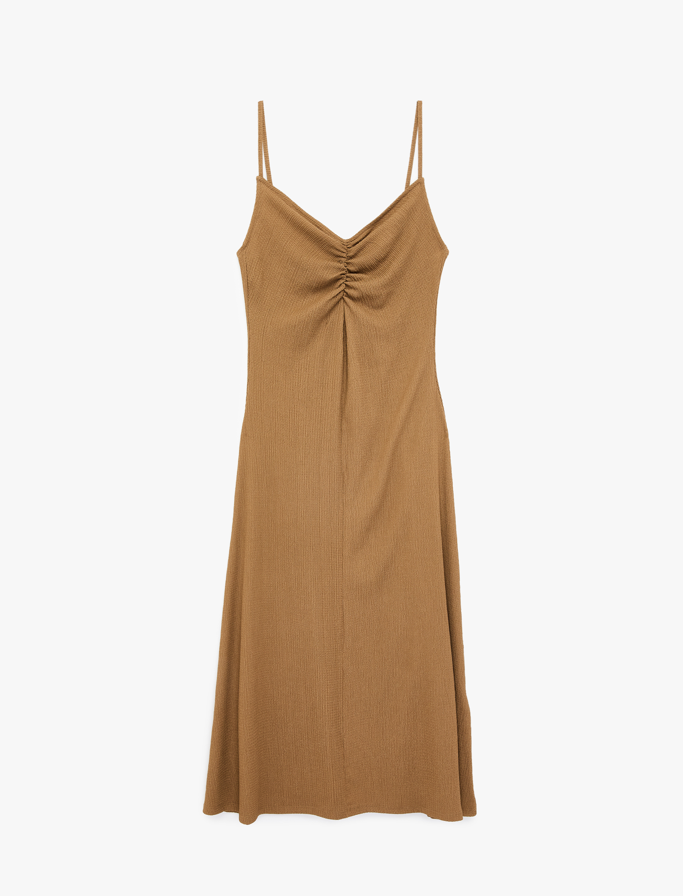   Bürümcük Kumaş Rahat Kalıp Büzgü Detaylı İp Askılı Midi Boy Elbise