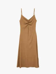 Bürümcük Kumaş Rahat Kalıp Büzgü Detaylı İp Askılı Midi Boy Elbise