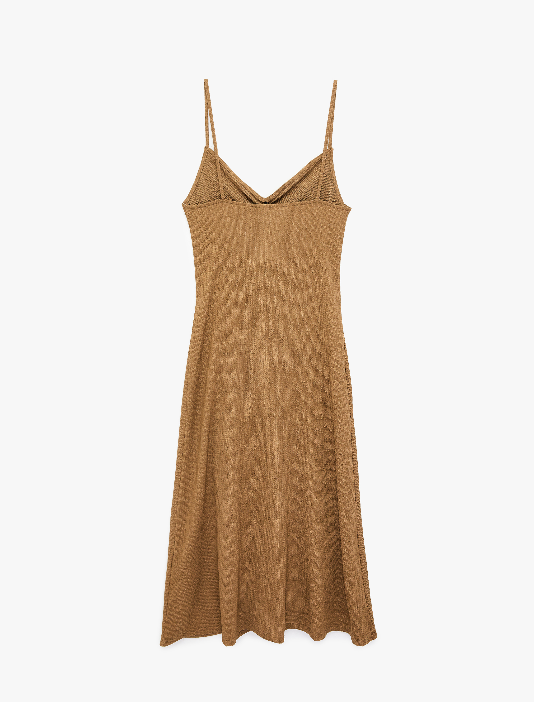   Bürümcük Kumaş Rahat Kalıp Büzgü Detaylı İp Askılı Midi Boy Elbise